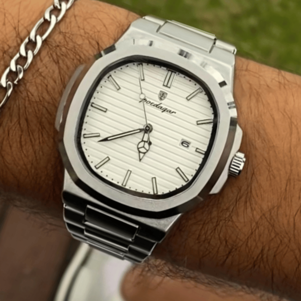 Relógio Poedagar grife Original quartzo inox prata e branco resistente a água + (BRINDES EXCLUSIVOS)