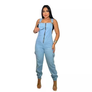 macacão jeans feminino longo ziper jogger macaquinho jerdineira jeans feminina calça curto adulto