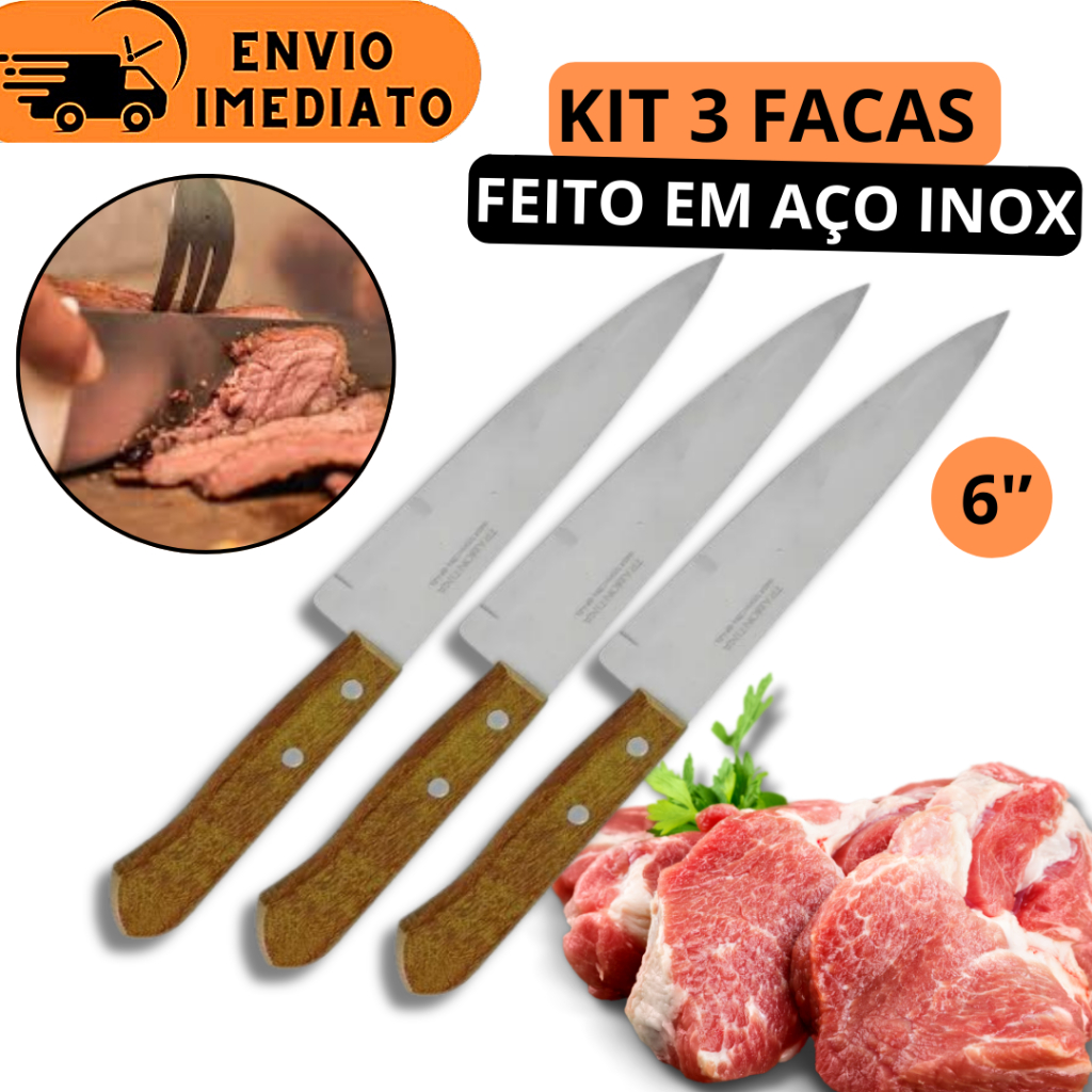 Kit 3 Facas de Cozinha de 6 Polegadas de Carne com Cabo de Madeira para Churrasco Cortes em Aço Inox