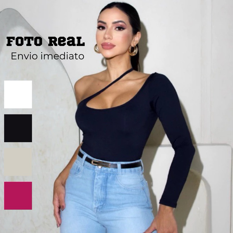 Body Um Ombro Só Manga Longa Poliamida Tendência Blogueira Body Cruzado ...