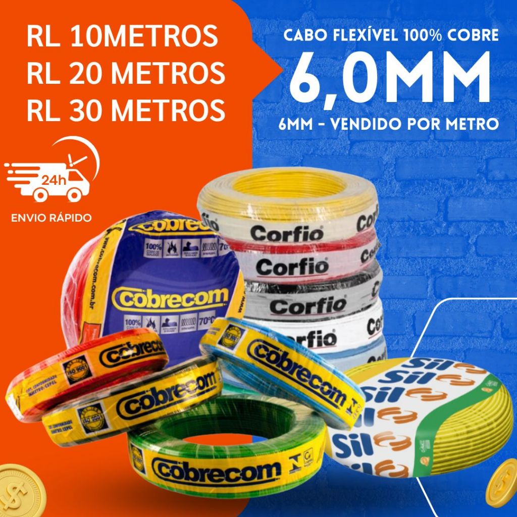 Fio Eletrico Cabo flexivel 6,0mm por metro CORFIO SIL COBRECOM 6mm