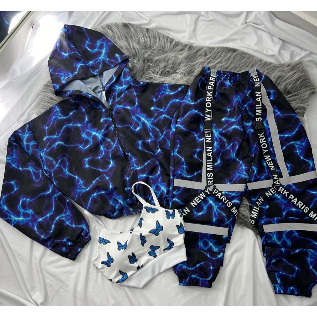 Conjunto Inverno street tactel de 3 peças feminino raio azul raio rosa refletivo borboleta azul balaclava