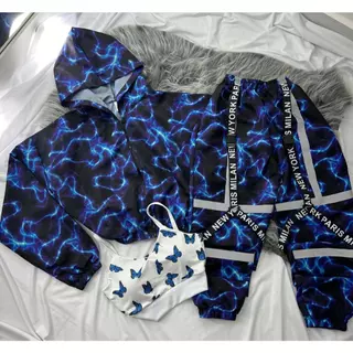 Conjunto Inverno street tactel de 3 peças feminino raio azul raio rosa refletivo borboleta azul balaclava