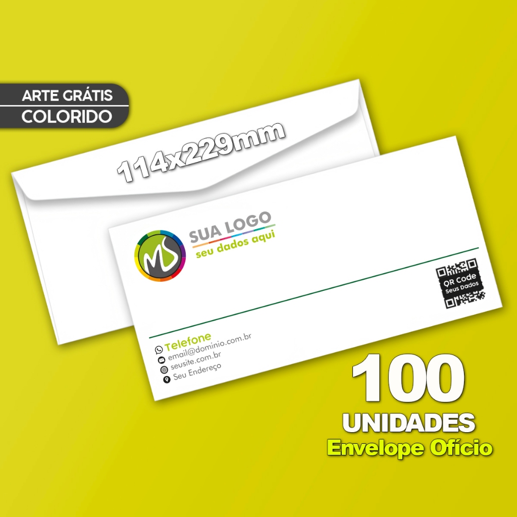 100 Envelopes Personalizados Ofício 11,4x23cm Papel Offset 75g. Branco ...
