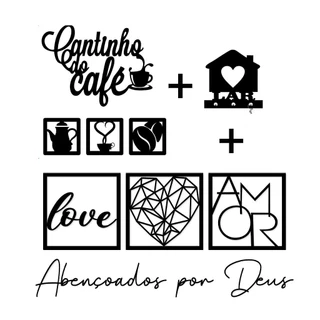 Kit 6 Placas Decorativas + 2 Letreiros Cantinho do Café e Abençoados Por Deus + Porta Chaves Lar feito em Mdf preto
