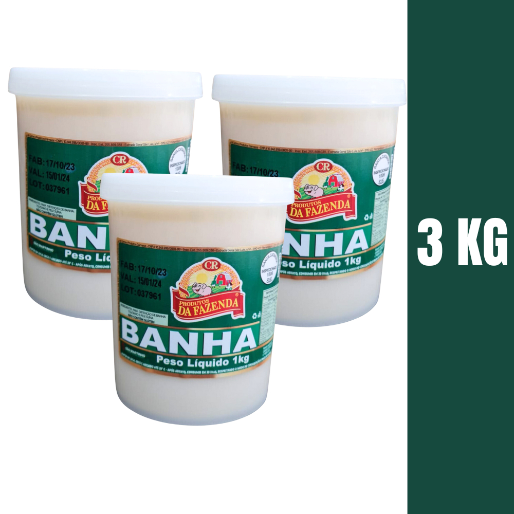 Banha Natural Suína Gordura de Porco Kit 3 Kg DA FAZENDA