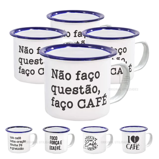 Kit 6 Caneca Jogo de Xícara Esmaltada Agata Frase Positividade 90ml Café Decoração Retro Vintage