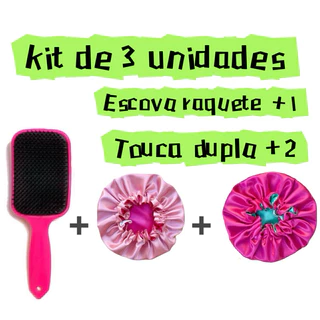Kit 1 Escova Raquete + 2 Touca Dupla Cetim anti-frizz Promoção