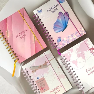 Agenda 2024 e 2025 Espiral Diária Planner Colorida Estampado 19cmx13,5cm Feminina Calendário Mármore Borboleta 168 Folha