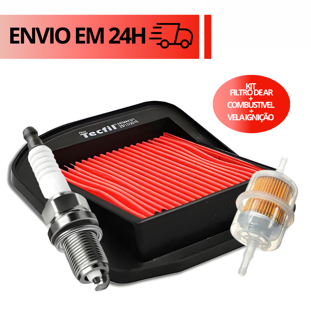 Kit Filtro Ar Elemento Titan Modelo Original Honda + Filtro Combustivel Gasolina Universal + Vela Ignicao DP8EA9 Cg Titan Fan 125 (2000 a 2008)