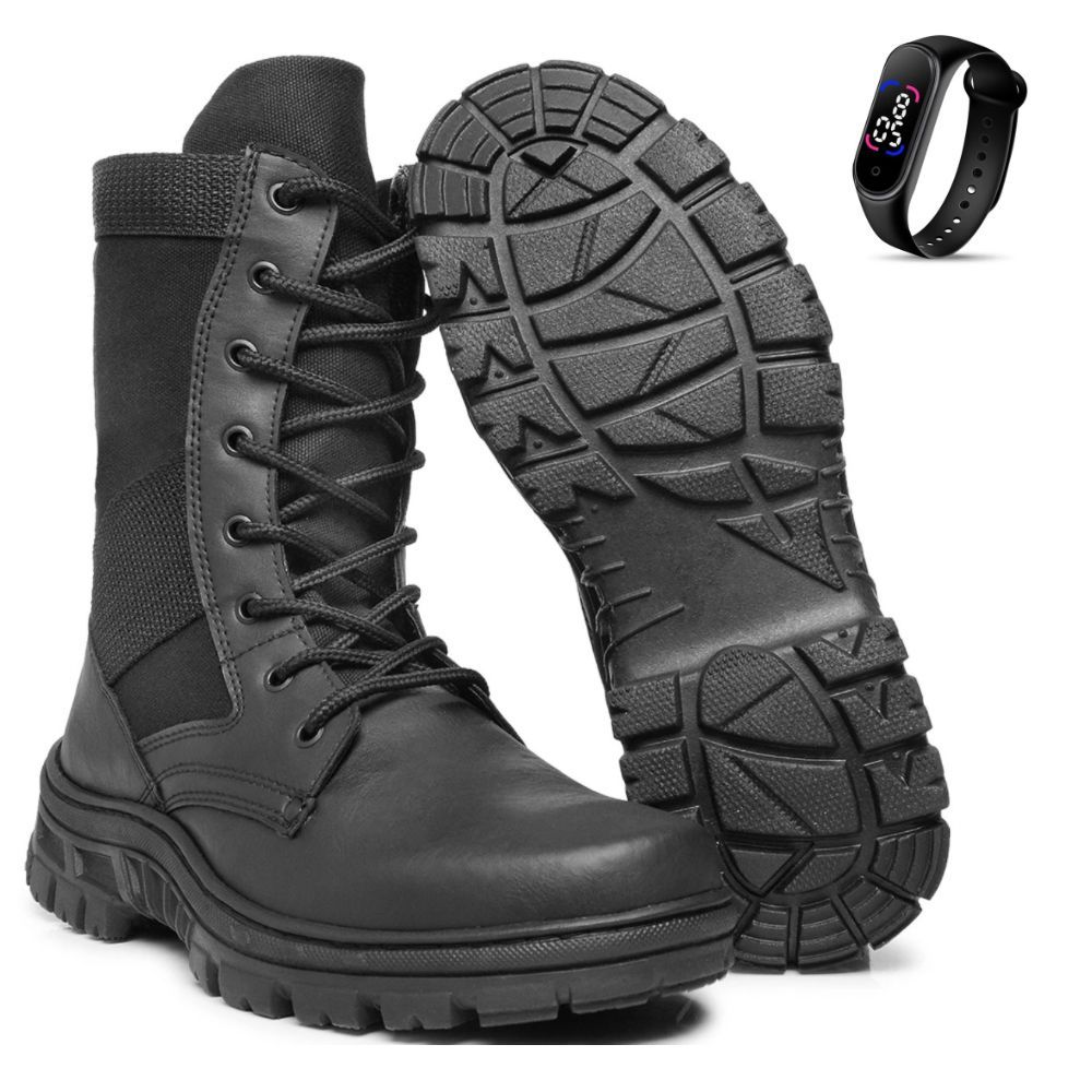 Bota Militar Coturno Masculino De Couro Legitimo Impermeável Resistente Com Zíper Ajustável Barato + Relogio