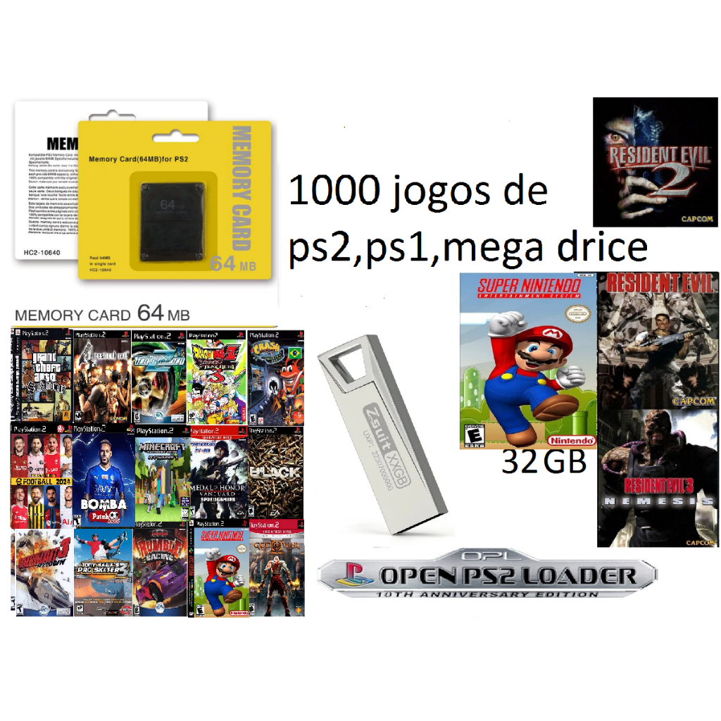 Kit Ps2 Pendriver 32gb + Memory card 64mb com Jogos