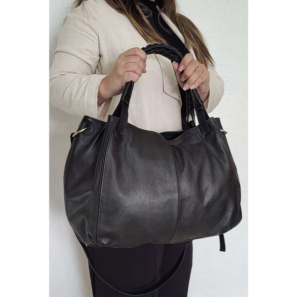 Bolsa Preta Feminina Grande Couro Legítimo Original Alça Ombro ...