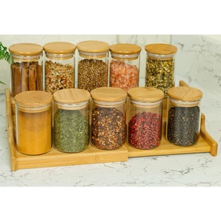 Jogo 10 Potes Herméticos De 250ml Vidro Tampa De Bambu