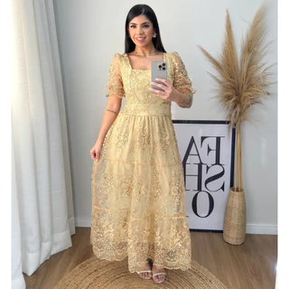 Vestido longo luxo tule bordado algodão manga curto 0148 em Oferta na Shopee