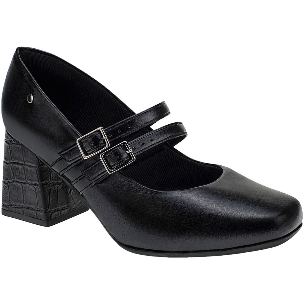 Sapato Boneca Fechado Tiras Fivela Bico Quadrado Salto Medio Confortável