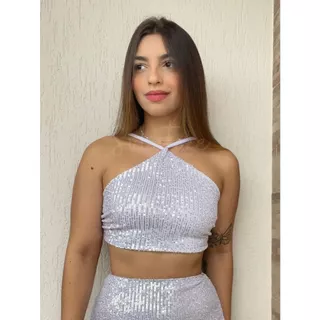 Cropped Paetê Charlotte Frente Única Versátil com Forro Brilho Festa Balada Carnaval Tendência 2025