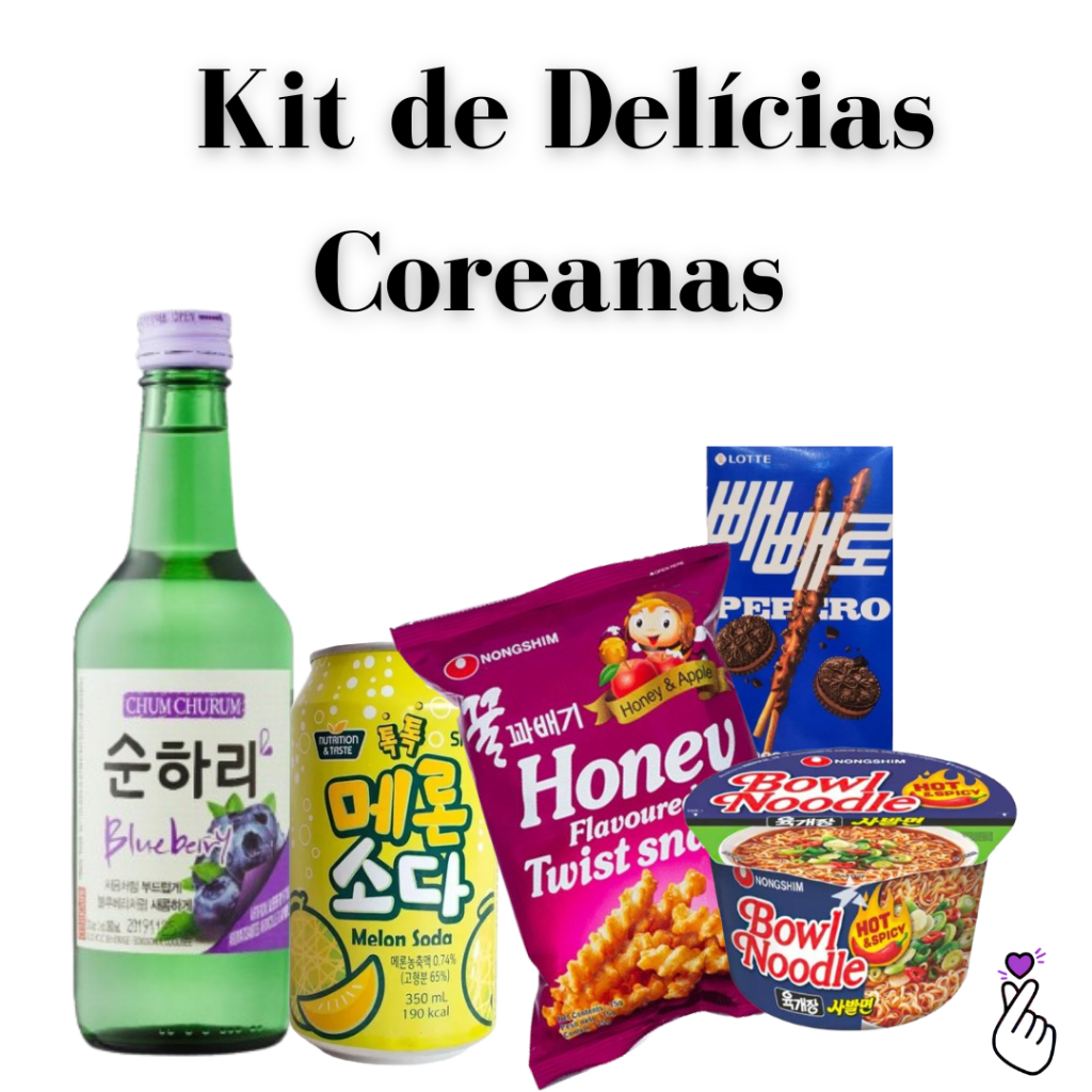 Kit Coreano de Delícias: Lamen, Pepero, Salgadinho, Refrigerante, Soju ...
