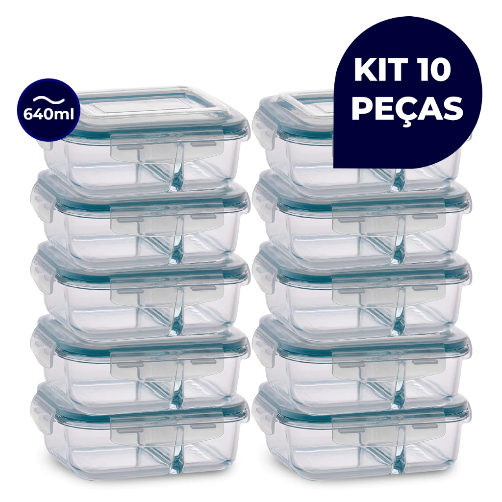 Kit 10 Potes Vidro Herméticos 640ml Retangular Com Divisória Premium