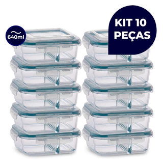 Kit 10 Potes Vidro Herméticos 640ml Retangular Com Divisória Premium