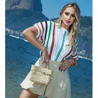 Blusinha Feminina Listrada Tricot Modal De Verao Manga Morcego