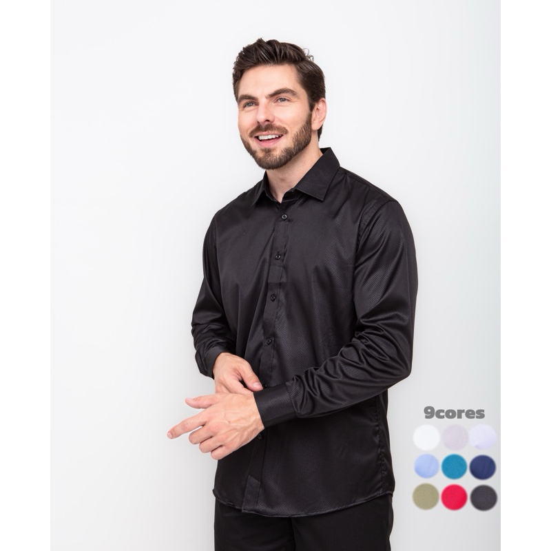 Camisa Social Masculina Elasticidade Bolinhas Manga Longa Slim LL-53