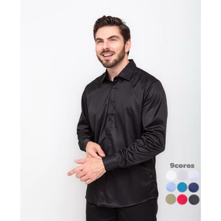 Camisa Social Masculina Elasticidade Bolinhas Manga Longa Slim LL-53