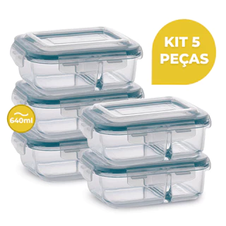 Kit 5 Potes Herméticos 640ml Com Divisória Marmita Fitness