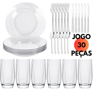 Jogo Aparelho Jantar 30 Peças C/ 06 Prato Fundo Vidro Duralex Astral+ 06 Copo Capri 425ML+ 18 Talheres Oriente Inox Garfo Faca Colher