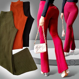Calça Feminina Flare Tecido Bubble Estilosa Varias Cores Cintura Alta Elegante