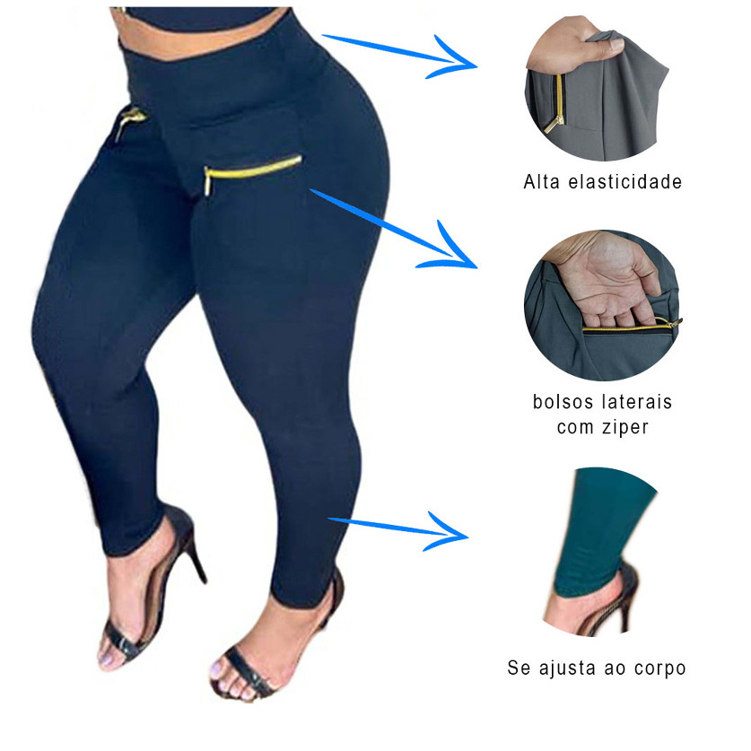 Calça Feminina Cintura Alta Jogger Com Bolso Ziper Skinner Levanta bumbum Feminino Montaria Roupa