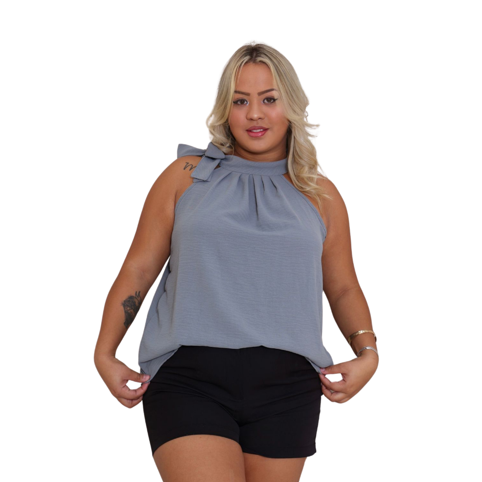 Blusa Regata Feminina Gola Alta com Laço no pescoço Moda plus size ...