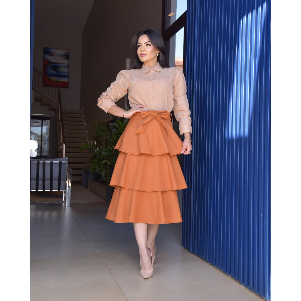 Saia de Linho Midi Babado Camadas Forrada com cinto P,M,G Pronta