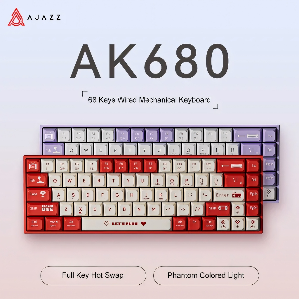 Teclado Mecânico AJazz AK680 65%, Sem Fio, Dual-Mode Ergonômico, Teclado Mecânico, 68 Chaves, Hot-Swappable, 2.4G, BT5.0