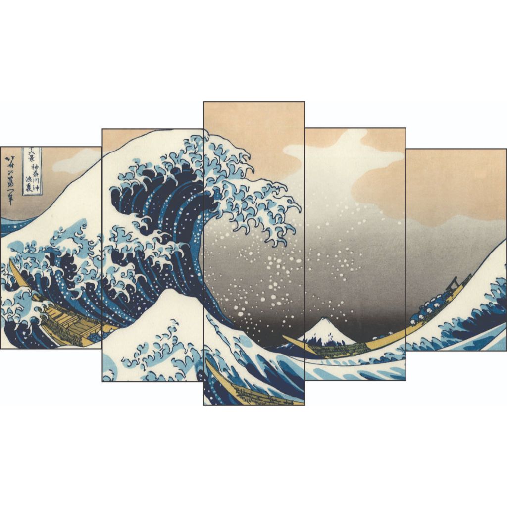 Quadro decorativo de mdf A GRANDE ONDA DE KANAGAWA - 60cm x 102cm - Mosaico - 5 partes