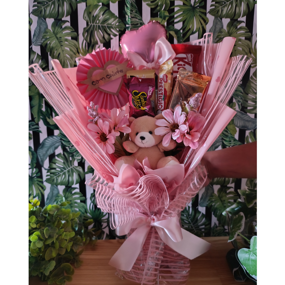 Buque de Flores -Chocotate com e Urso de Pelúcia Para Presente