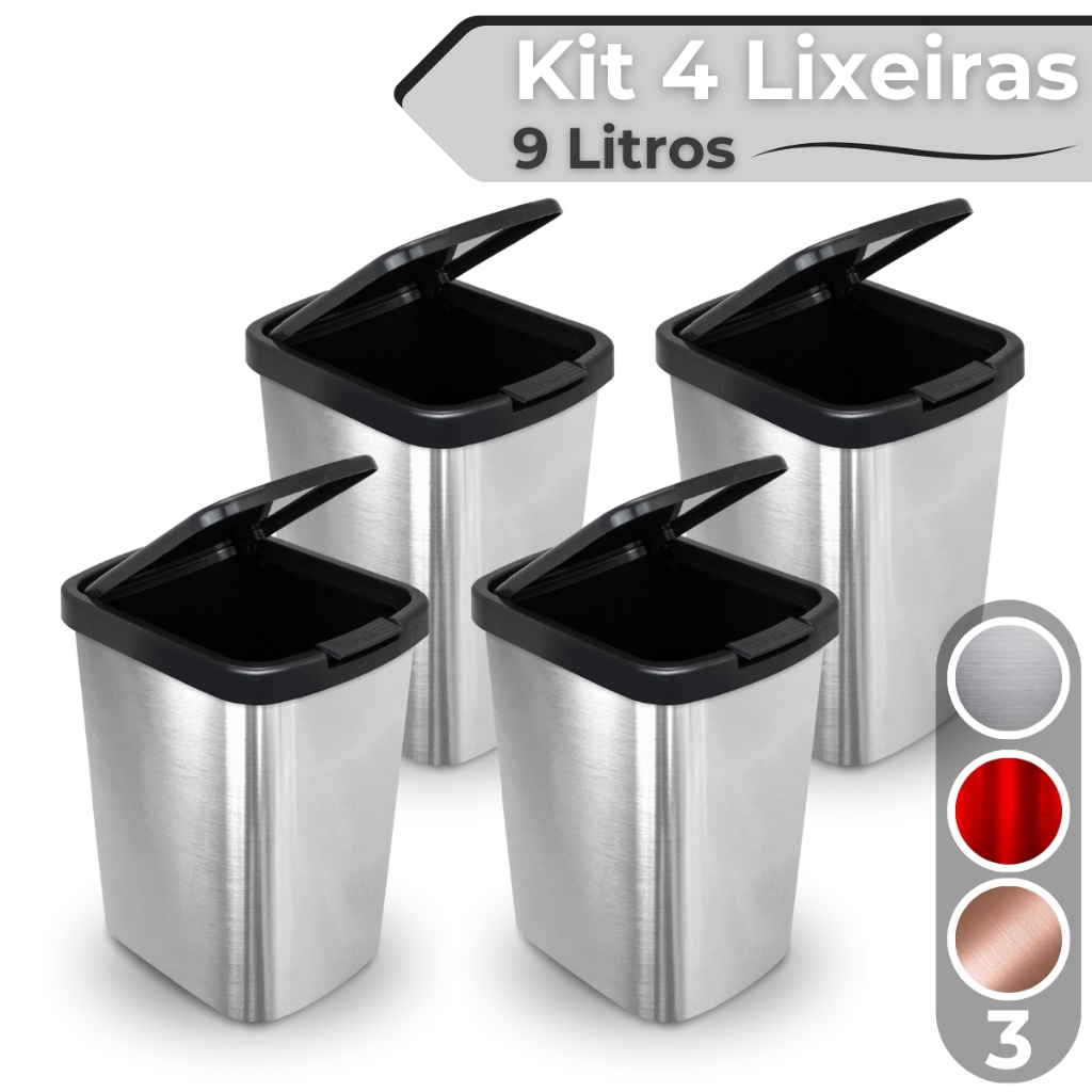 Kit 4 Lixeira 9L Metalizado c/ Tampa Click Banheiro Cozinha