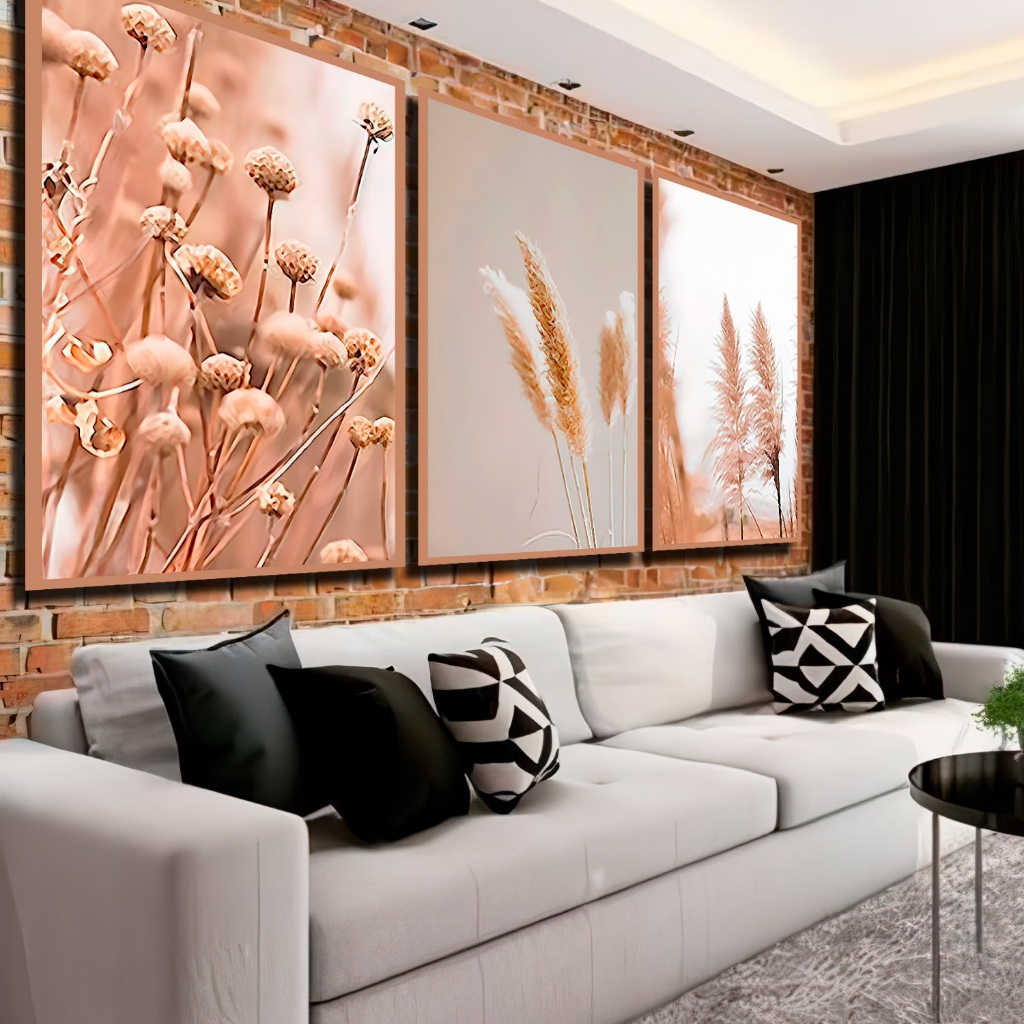 Kit 3 Quadros Decorativos Plantas Trigo Folhagem Minimalista Para Sala ...