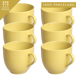 Jogo 6 Xicara Café Chá Porcelana Amarela 170ml - Mundo da Porcelana