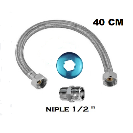 MANGUEIRA ENGATE FLEXIVEL FEMEA FEMEA COM NIPLE - 40 CM INOX TRANÇADO