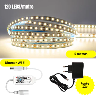 5 Metros Fita LED Branco Natural C/ Dimmer WiFi App e Fonte Bivolt _ 120LED/m 3528 SEM Silicone