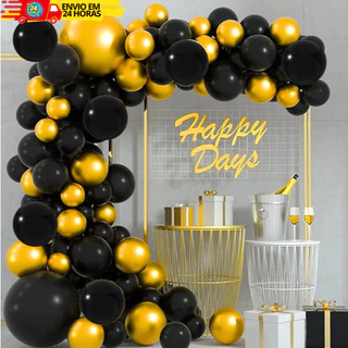 Kit 75 Balões Latex Preto + Dourado Cromado Metalizado Para Festas e Aniversário