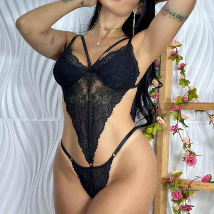 Body Feminino de Renda Strappy Triângulo Sexy Sem Bojo Rendado Regulável