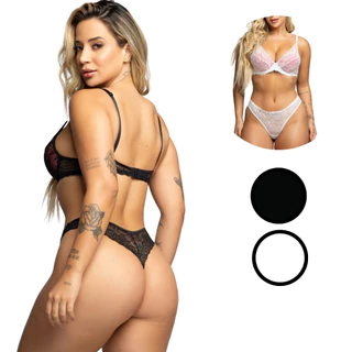 Conjunto Lingerie Calcinha e Sutiã Rendado com Bojo Elegante Lingerie Sensual