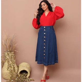 Saia Jeans Cristã Cintura Alta Azul Escuro Com Botões e Bolsos Moda Feminina Evangélica