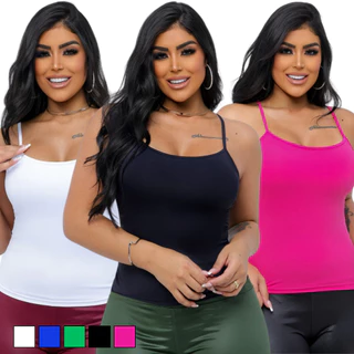 Kit 2 Regata Feminina Blusa Alça Fina Com Bojo Tecido Suplex Poliamida