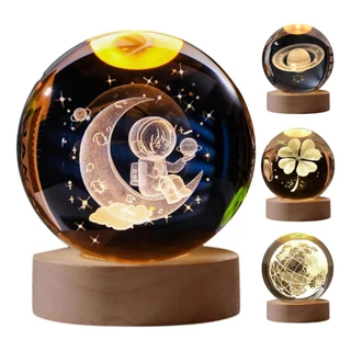 Luminária Mesa Bola Cristal 3d Base Madeira Decorativa Premium