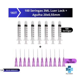 Seringas 3ml Bico Luer lock Rosca + Agulhas 20x0,55 Kit com 100 cada em Oferta na Shopee
