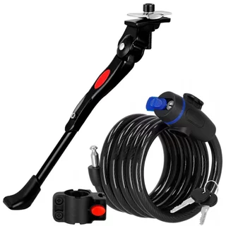 Kit Trava Cabo De Aço Cadeado Com Chave Segurança Bike Moto Espiral Anti-Roubo + Descanso Pezinho Para Bike Com Regulagem