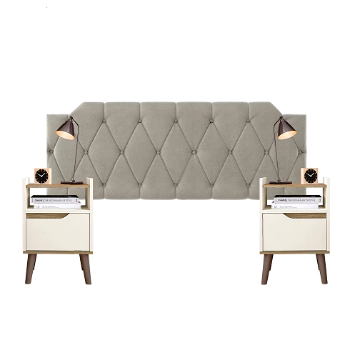 Conjunto Cabeceira Estofada Casal 1,40 Kelly + 2 Mesas De Cabeceira 1 gaveta Gabriela Off White